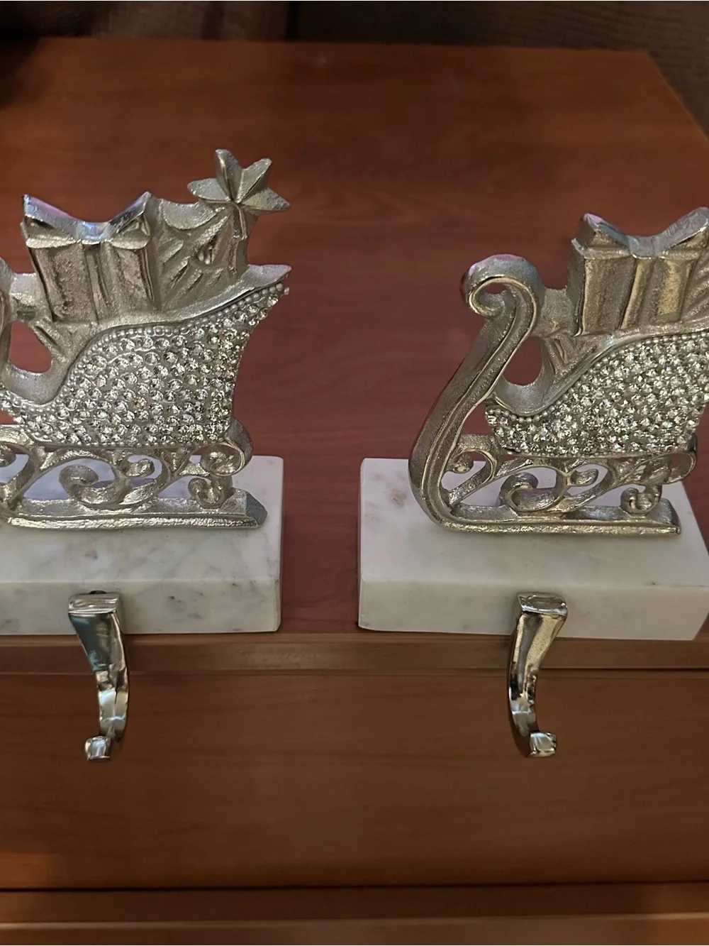 Silver Sleigh Wall Hook Pair with Marble Base - Festive Home Wall Decor